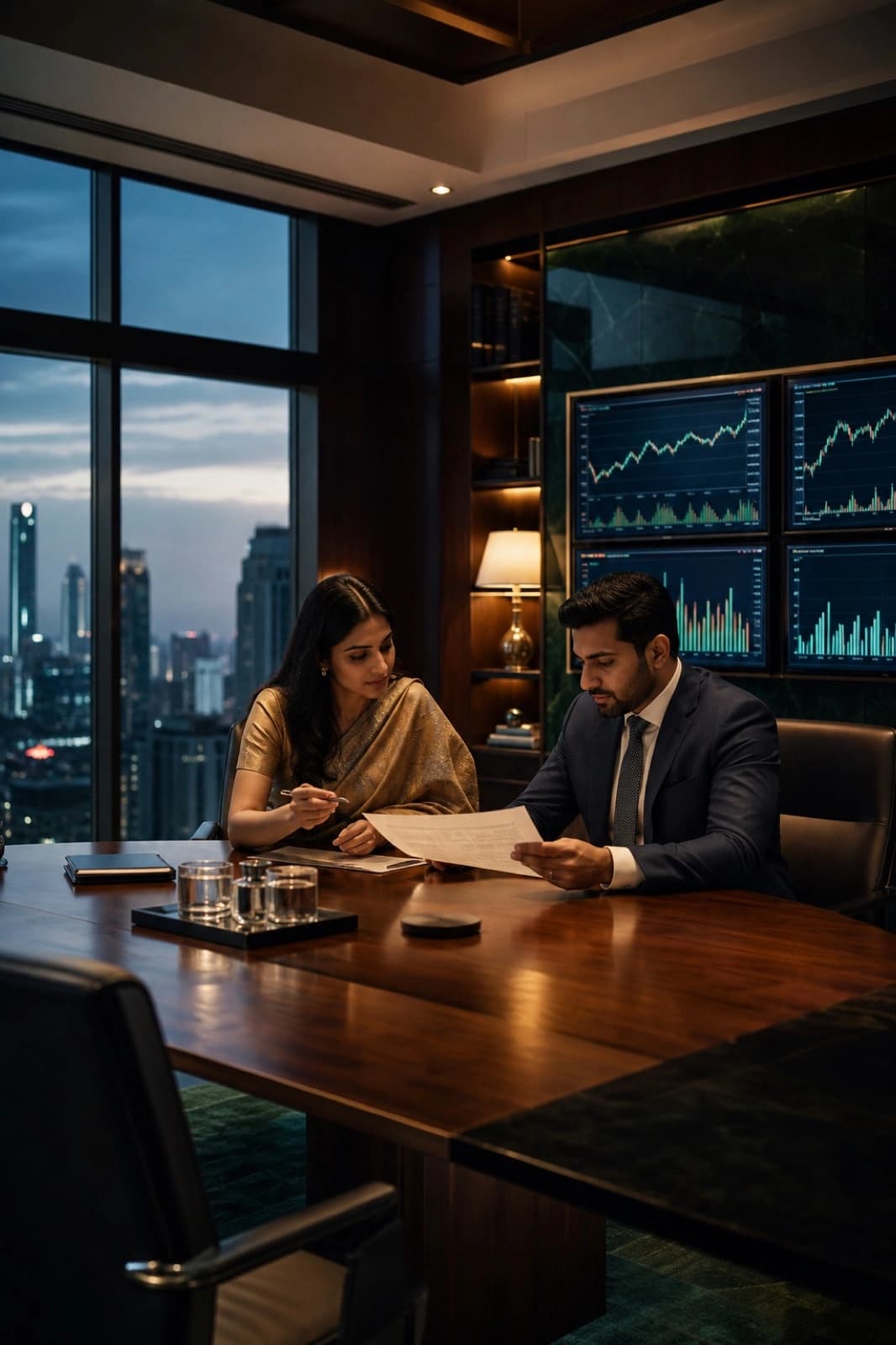 Private banking meeting room with financial displays