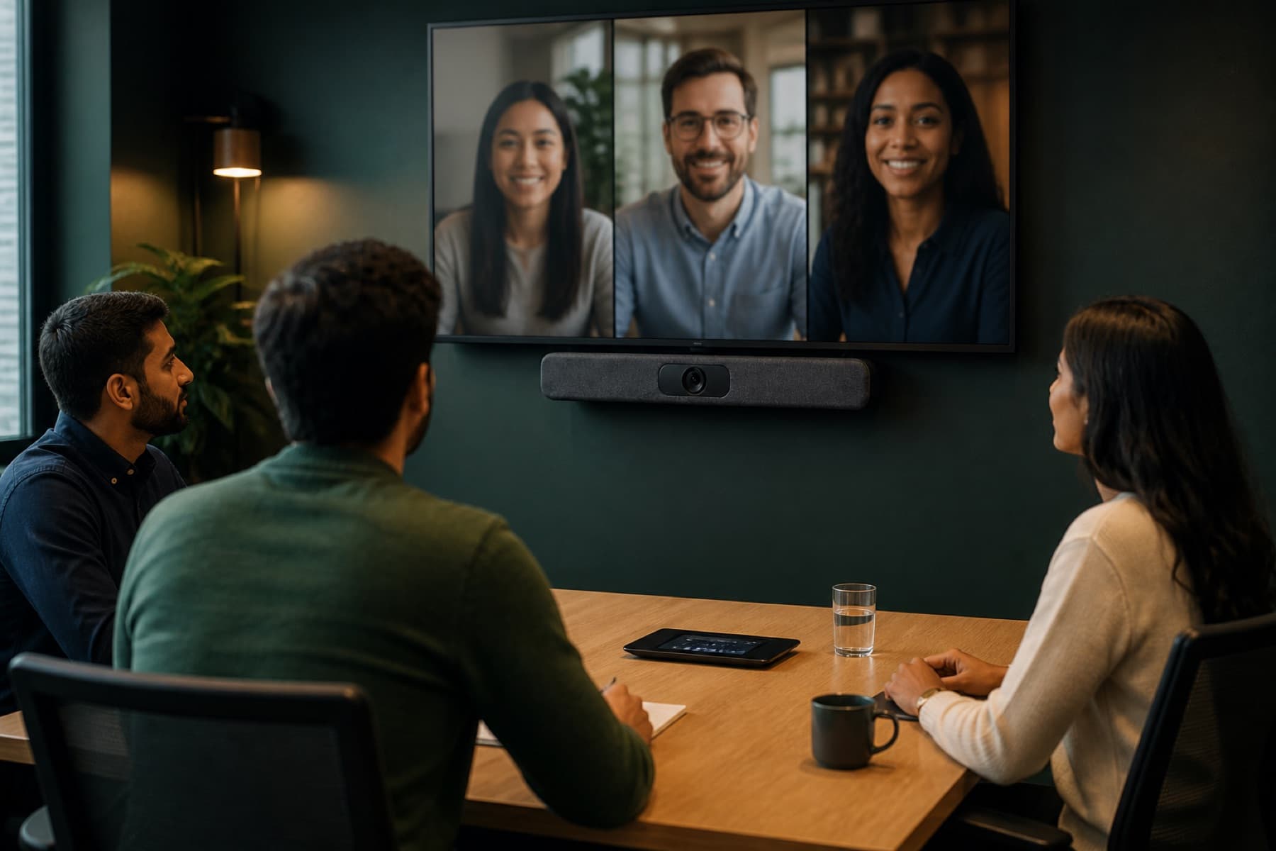 Hybrid meeting in an HP Poly conference room with a Studio video bar